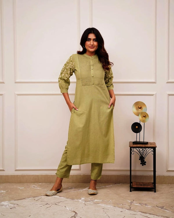 Green Embroidered Straight Cotton Kurta Bottom Set