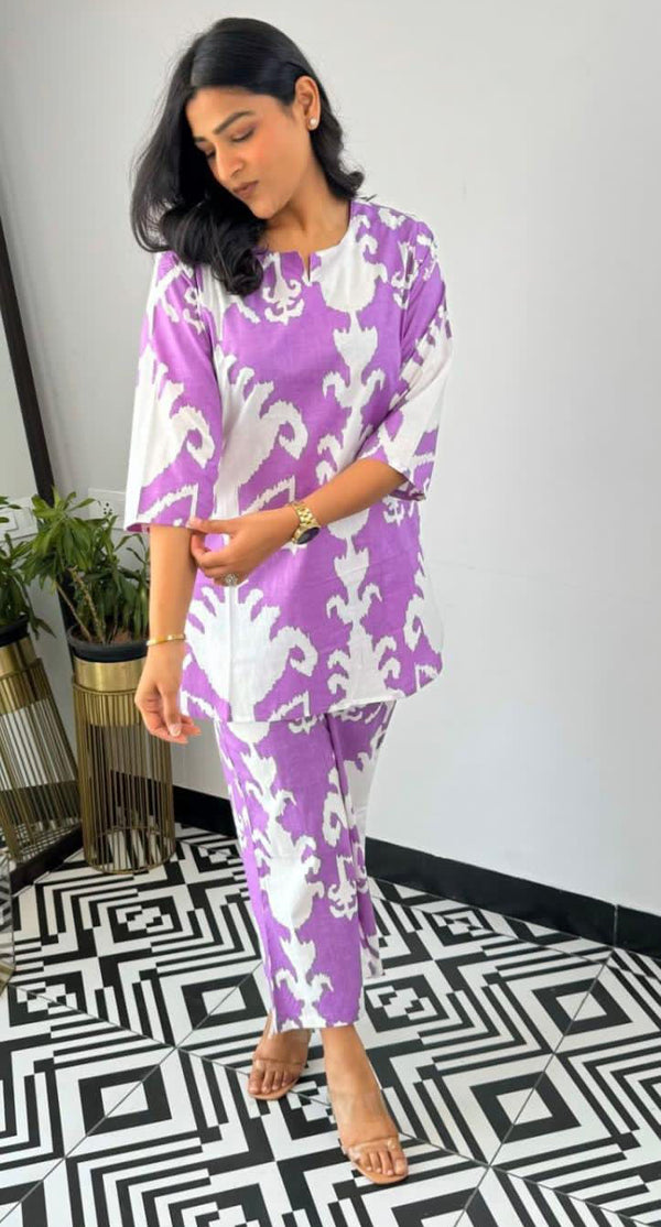 Pink White Ikkat Cotton Printed Co-Ord Set