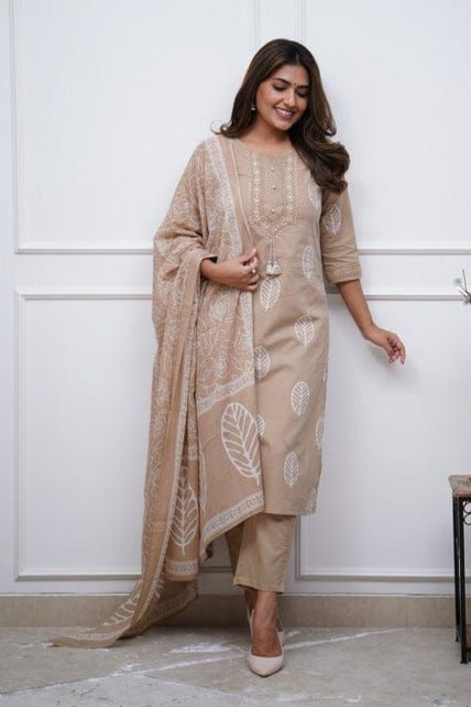 Beige Cotton Printed Aline Kurta Bottom Set With Lace On Yoke