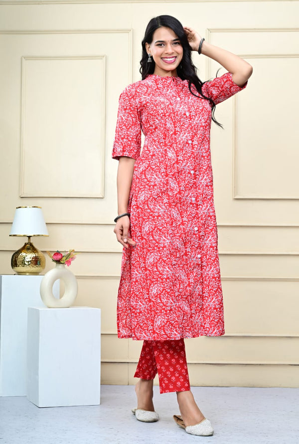 Red Jaal Printed Cotton Aline Kurta Pant Set