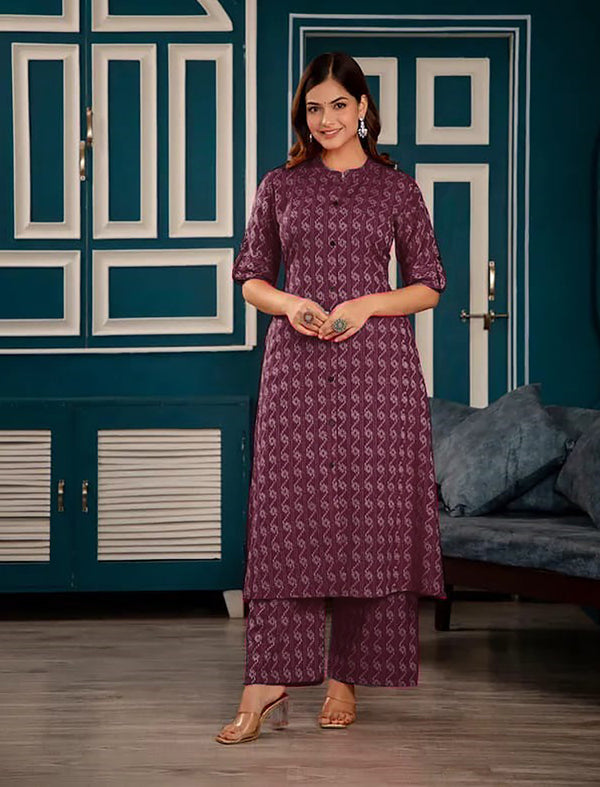 Dark Purple Cotton Kantha Aline Co-ord Set with Ankle-Length Palazzo