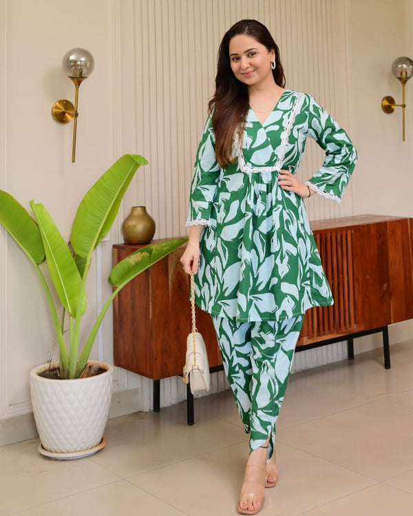 Green Leaf Printed Stylish Flared Co-Ord Set For Women