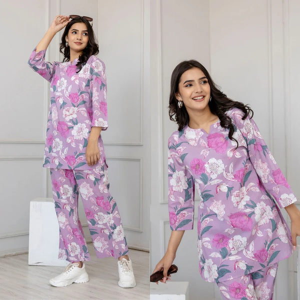 Lilac Floral Printed Rayon Co-Ord Set For Women