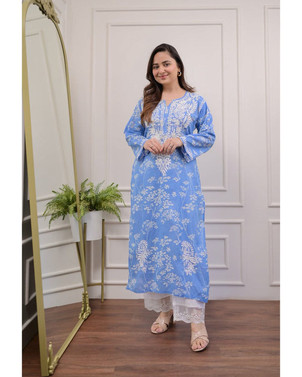 Blue Cotton Jaal Printed Kurta Bottom Set With Chikankari Work