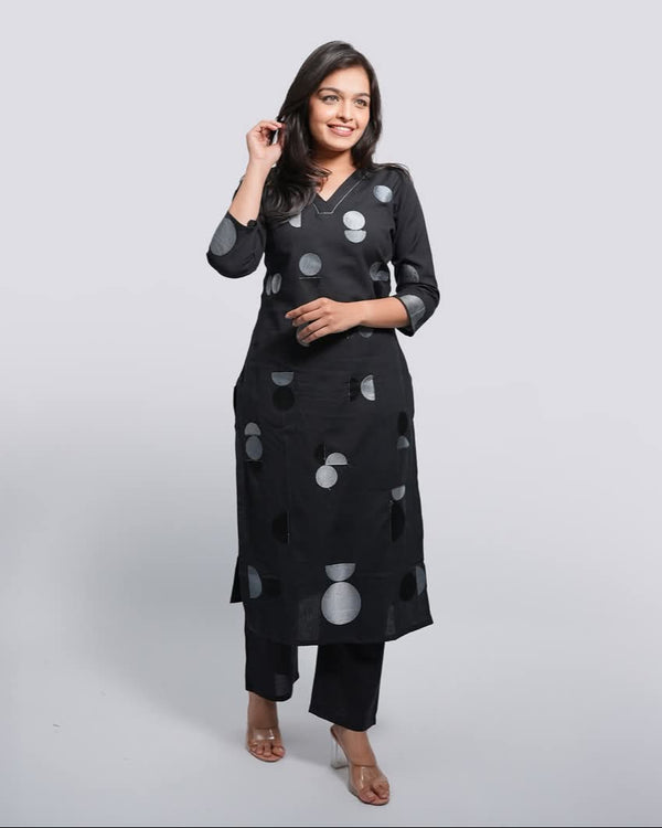 Black Rayon Embroidered Straight Fit Office Wear Kurta Bottom Set