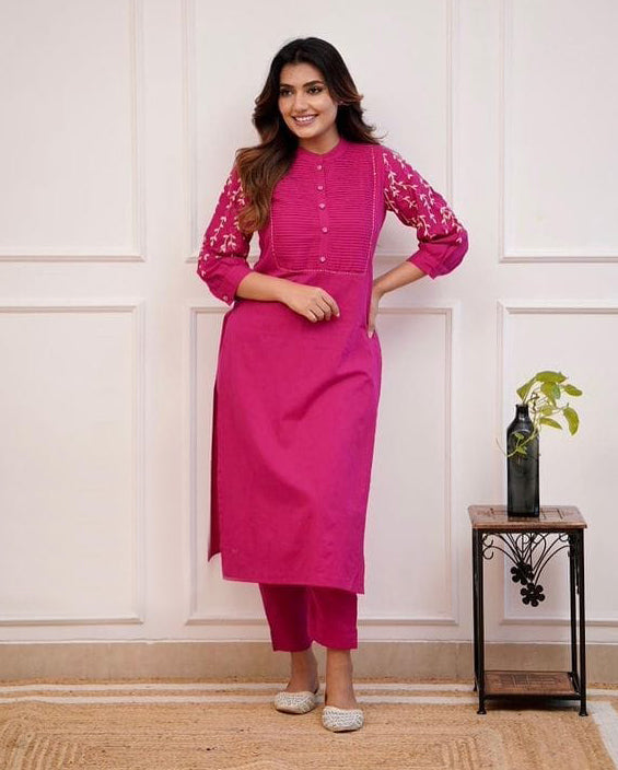 Pink Embroidered Straight Cotton Kurta Bottom Set