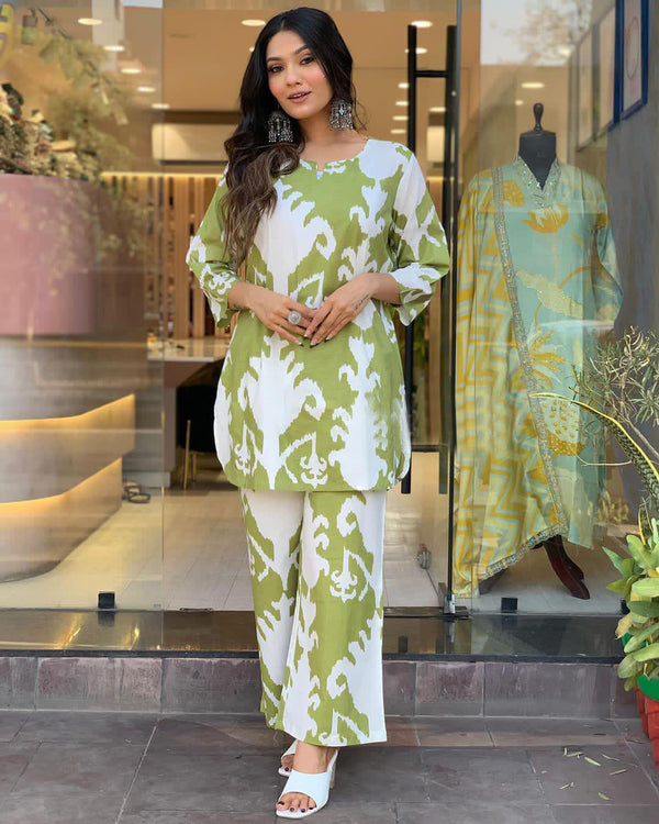 Green White Ikkat Cotton Printed Co-Ord Set
