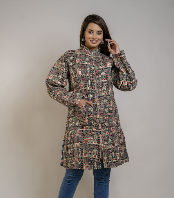 Cotton Printed Double Sided Quilted Long Winter Jacket